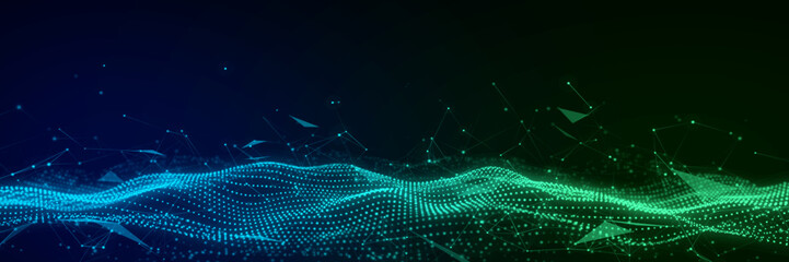 Dynamic sound wave of particles. Music futuristic flow. Abstract technology background. 3D rendering.	
