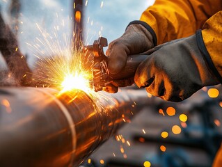 Close-up of a worker welding a pipe, with sparks flying. Worker in gloves and protective gear. Industrial work and metal fabrication.