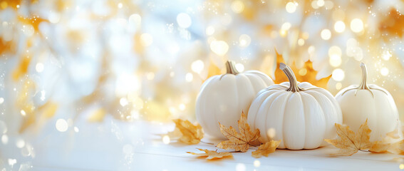 Obraz premium White pumpkins on a white wooden table with bokeh lights, realistic details, bright lighting, and soft colors