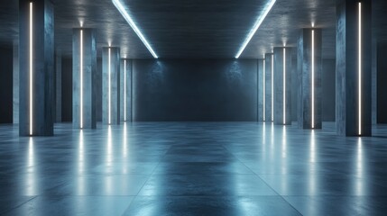 Naklejka premium Ads campaign marketing concept with abstract lighting industrial hall with pillars on blank ceramic tiles floor with place for your product presentation on dark wall background. 3D rendering, mockup