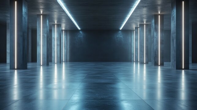 Ads campaign marketing concept with abstract lighting industrial hall with pillars on blank ceramic tiles floor with place for your product presentation on dark wall background. 3D rendering, mockup