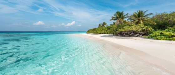 Fototapeta premium A beautiful beach with a clear blue ocean and palm trees