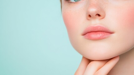 Fototapeta premium Close-up portrait of a young woman with soft features and natural makeup, emphasizing skincare and beauty against a light background.