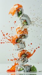exploding sushi, white background