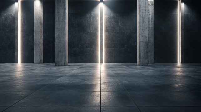 Ads campaign marketing concept with abstract lighting industrial hall with pillars on blank ceramic tiles floor with place for your product presentation on dark wall background. 3D rendering, mockup
