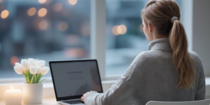 Young woman in gray sweater working on laptop at table with tuli