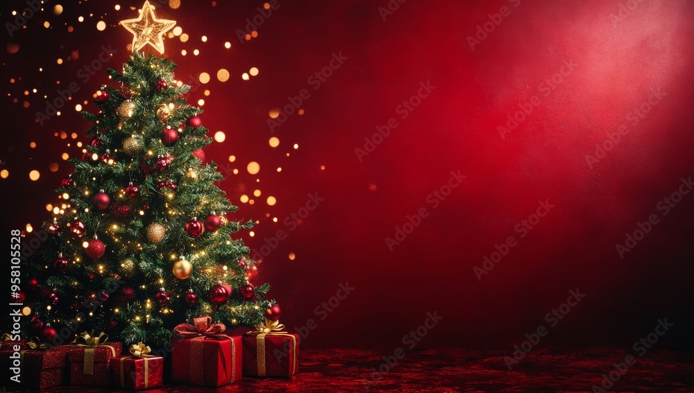 Wall mural red canvas background with bokeh lights and xmas tree