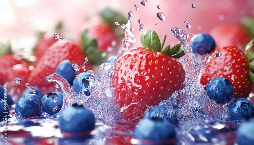 Poster a single strawberry and blueberries splashing in water