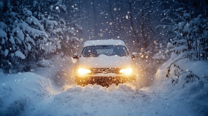 Snowy winter scene with a car wash in operation, surrounded by snow-covered vehicles on a quiet road