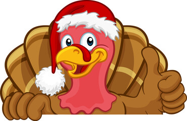 Turkey Christmas or Thanksgiving Holiday cartoon character wearing a Santa Claus hat, peeking over a sign and giving thumbs up