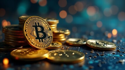 Stacked golden Bitcoin coins with a blurred background and glowing highlights