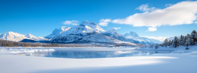 Obraz premium A snow-covered mountain range with aforementioned lake and tree line, all draped in snow