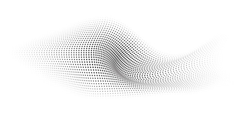 Flowing Wave Dot Halftone Pattern: Curve Gradient Shape on Transparent Background. Suitable for AI, Tech, Network, Digital, Science, and Technology Themes.