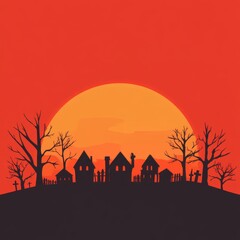 Halloween Sunset Silhouette   Spooky Town and Graveyard