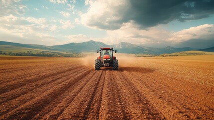 Fototapeta premium Farmer driving a tractor through a vast farmland, preparing the soil for planting