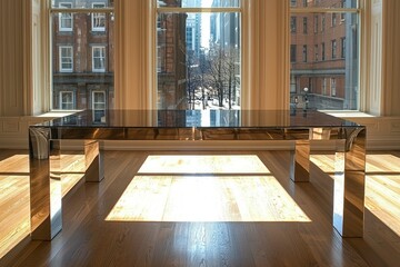 A Polished Chrome Table Reflecting Sunlight and Cityscape Through Windows