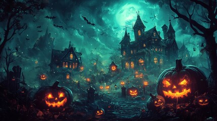 Spooky Halloween Night with Haunted Mansion  Jack o  Lanterns  and Bats