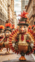 Thanksgiving Parade with Giant Turkey Mascot Marching Down the Street