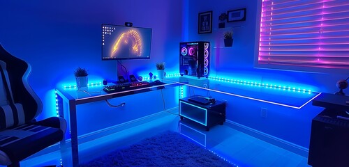 Minimalist gaming room with blue RGB lights, glass table, and neon keyboard