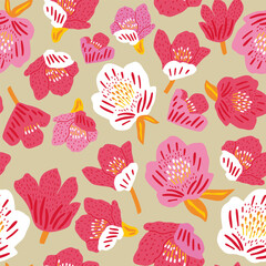 Seamless botanical pattern with hand drawn pink and red flowers. Bright floral texture on black..Vector texture