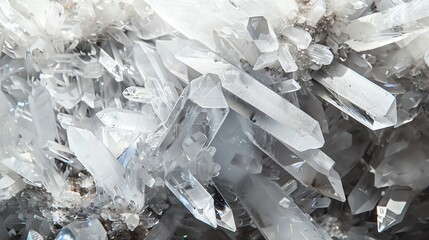 Close up of a cluster of clear quartz crystals.