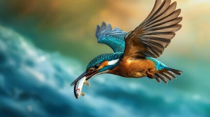 Fototapeta premium Kingfisher mid-flight over ocean waves, gripping a fish tightly in its beak