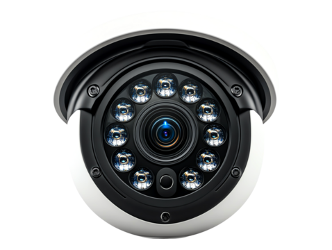 High-definition security camera with infrared night vision for enhanced surveillance and safety in various environments, isolated on transparent background.
