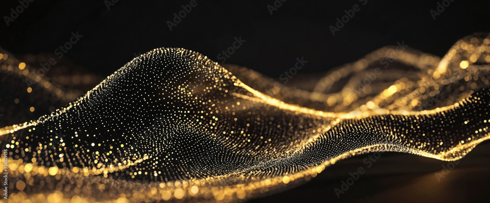 Poster golden particles are forming an abstract wavy shape on a black background. high quality photo