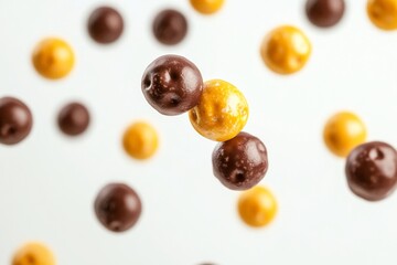 Chocolate and yellow corn cereal balls floating on a white background