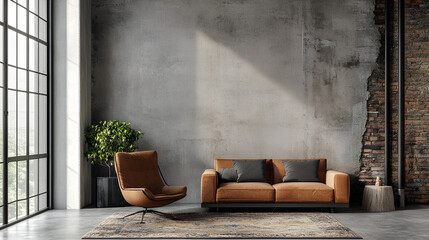 modern interior design of living room with empty industrial style wall