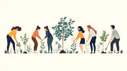 Obraz premium employees volunteering together in a tree planting project. volunteer project, charity, tree planting campaign, donation and social service