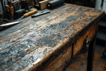 Weathered Wooden Workbench with Tools in the Background