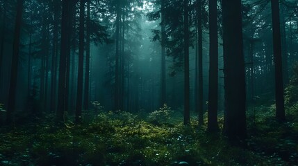 Mysterious Forest Path with Sunbeams Breaking Through Canopy.