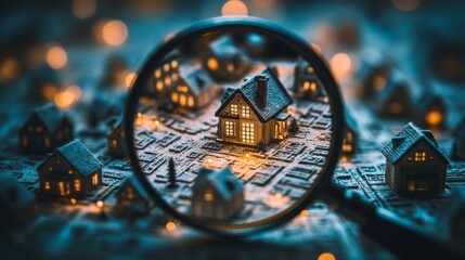 A magnifying glass hovers over a map of a bustling neighborhood, highlighting a home, symbolizing the careful selection of the perfect residence in an urban environment