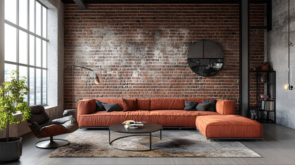 modern interior design of living room with empty industrial style wall