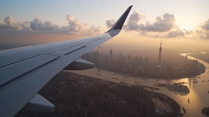 Obraz premium Green fuel cells on an airplane wing, flying over an eco-friendly, pristine cityscape, emphasising sustainable air travel
