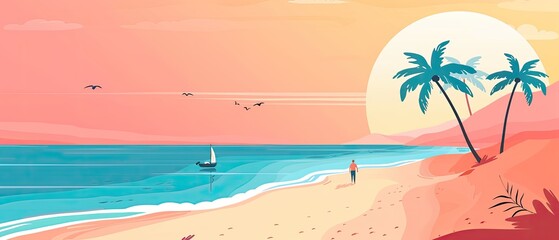Fototapeta na wymiar A beach scene with a boat and a person walking on the sand