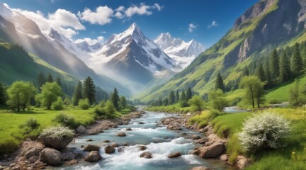 Scenic landscape with river, lush greenery, snow-covered mountai