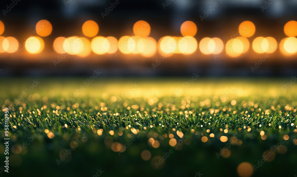 Poster green grass under string lights at night with bokeh effect background. high quality photo