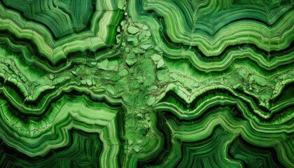 A vivid, abstract image featuring the intricate green patterns and textures of malachite mineral close-up, showcasing its natural beauty and geological formations.