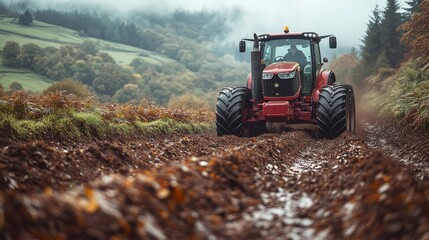 Farmer operating a tractor on a steep hillside, skillfully maneuvering through challenging terrain