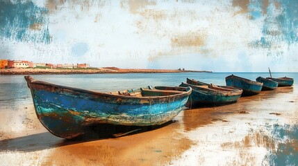In Oualidia, Morocco, an abstract yet beautiful scene unfolds at the beach, where vibrant fisher boats dot the shoreline. 