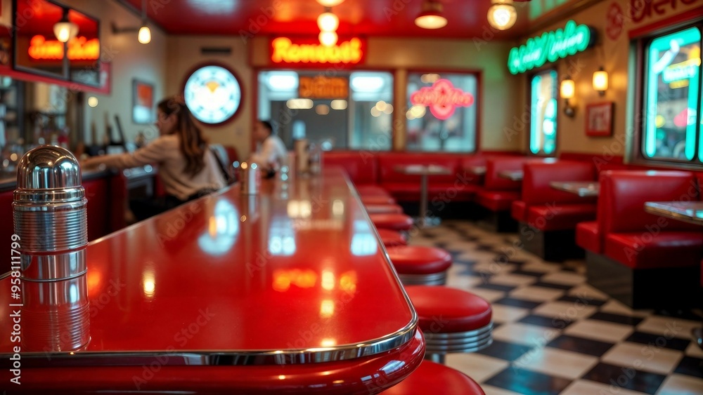 Wall mural Retro Diner Interior with Red Seating and Checkered Floor