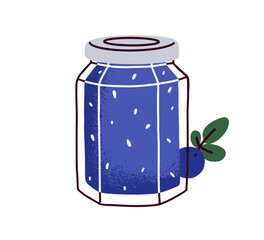 Blueberry jam in glass jar. Sweet berry preserve. Bilberry confiture, conserved jelly marmalade. Fresh organic fruit spread, summer treat. Flat vector illustration isolated on white background