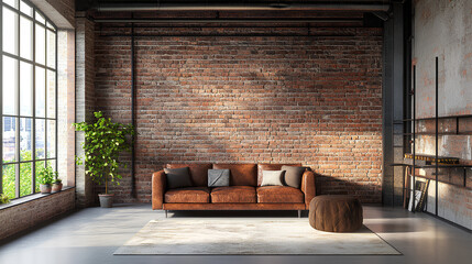 modern interior design of living room with empty industrial style wall