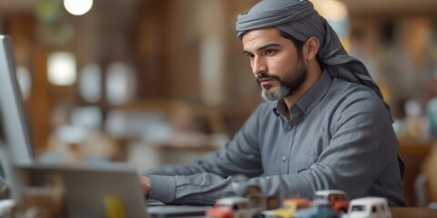 Serious Arab Man with Beard Working on Computer in Busy Cafe, Mi