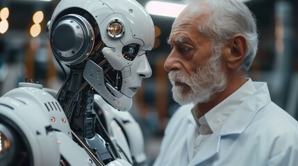 Fototapeta premium Elderly Scientist Deep in Thought Examining an Advanced Humanoid Robot in a Laboratory