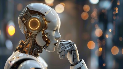 Fototapeta premium Contemplative humanoid robot with advanced technology in futuristic environment