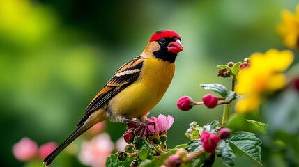 A vibrant goldfinch, with its striking black wings and bright red mask, delicately perches on a blooming flower at Dublin's Botanic Gardens.
