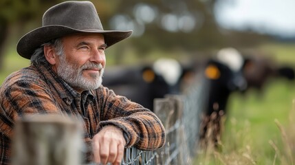 Obraz premium Farmer repairing a fence on a rural property, keeping the livestock secure